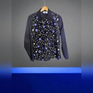 JM Collection S Button Down Black With Purple Embroidered Flowers
